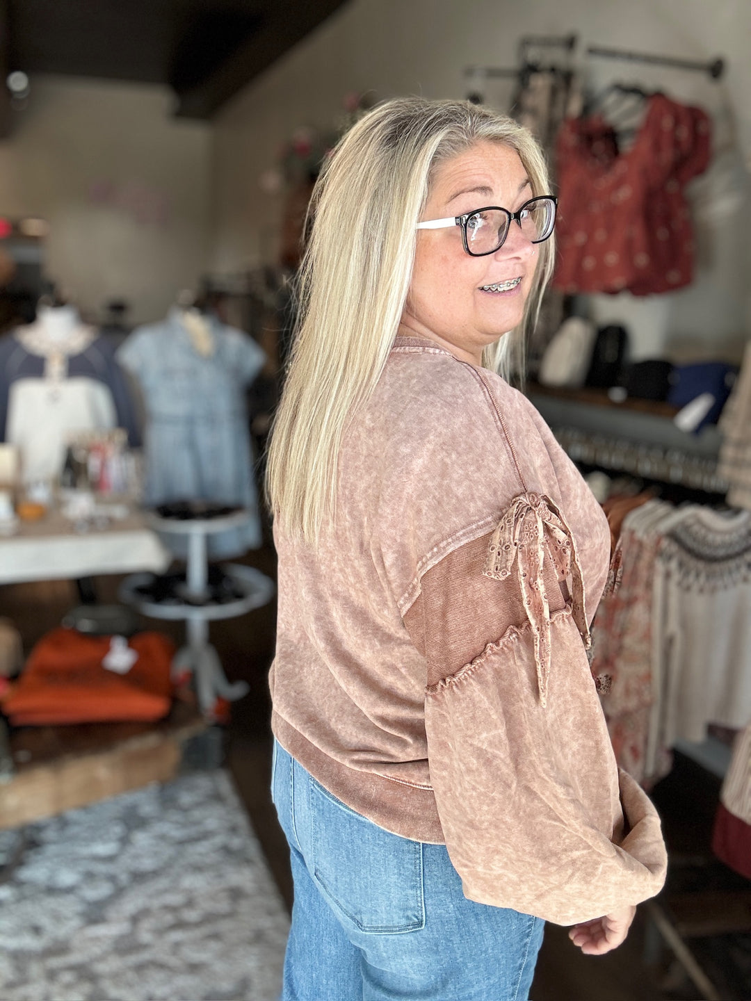 Mocha Brown Bow Sleeve Sweatshirt