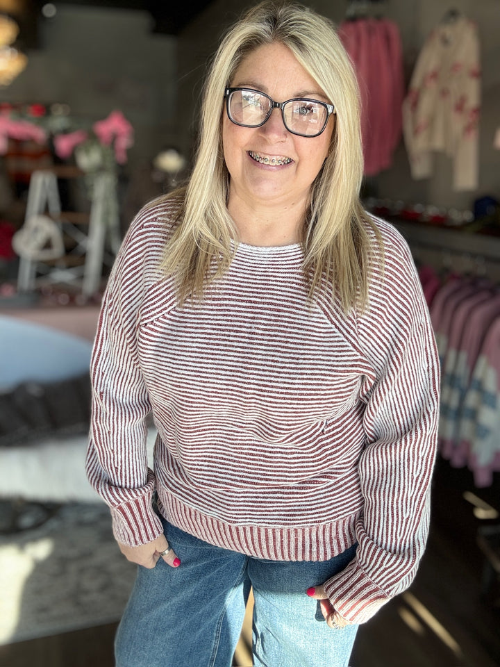 Striped Ribbed Boat Neck Sweater