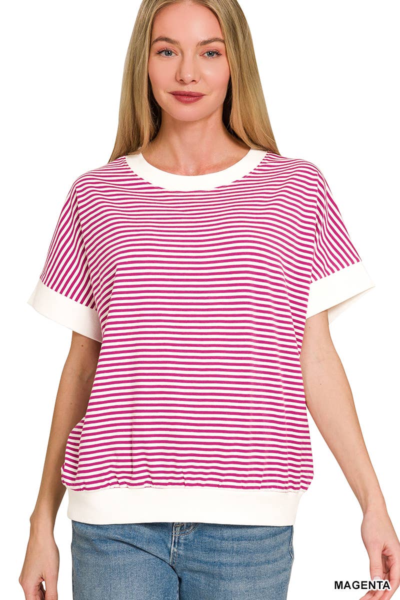 Stripe Contrast Trim Banded Bottom Top - Zenana