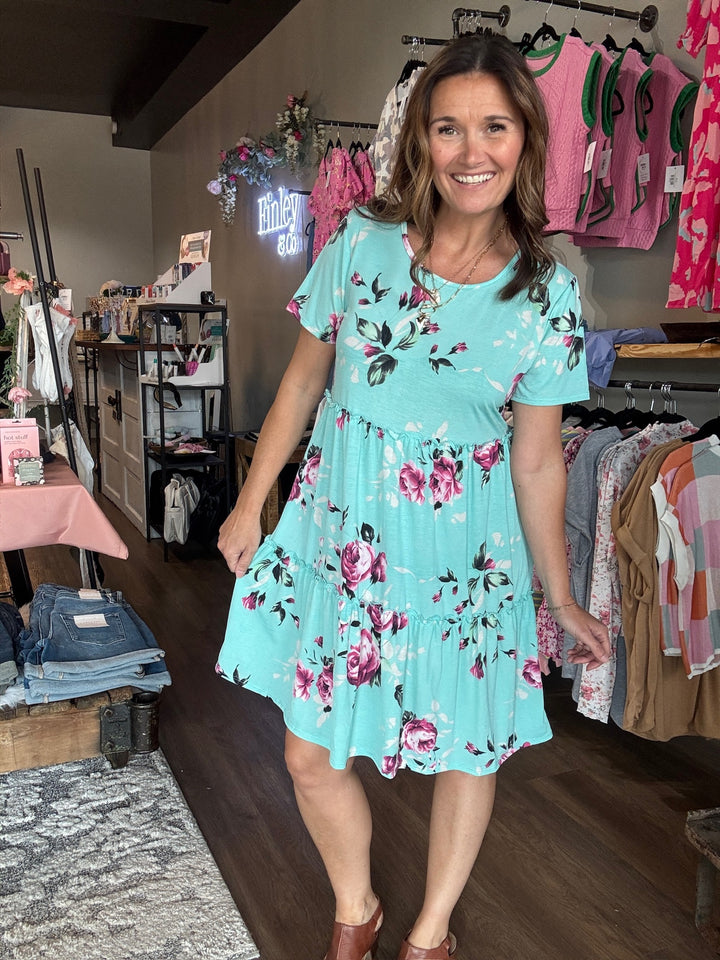 Blue Floral Tiered Dress