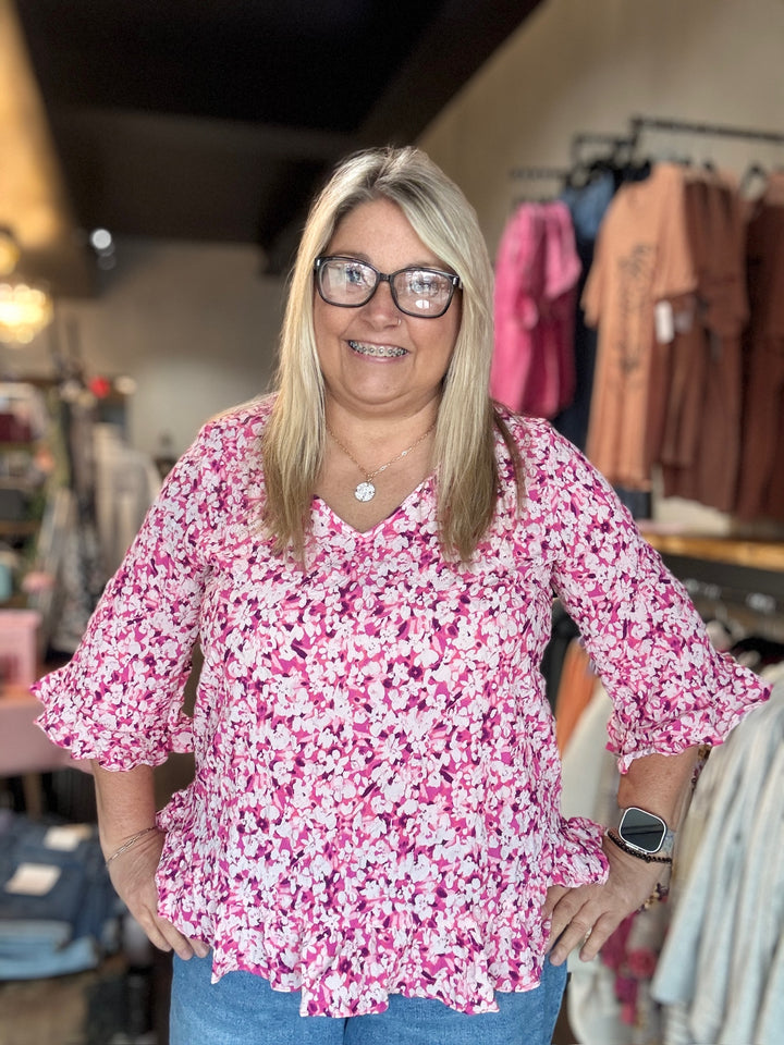 Pink Floral Ruffle Hem Top