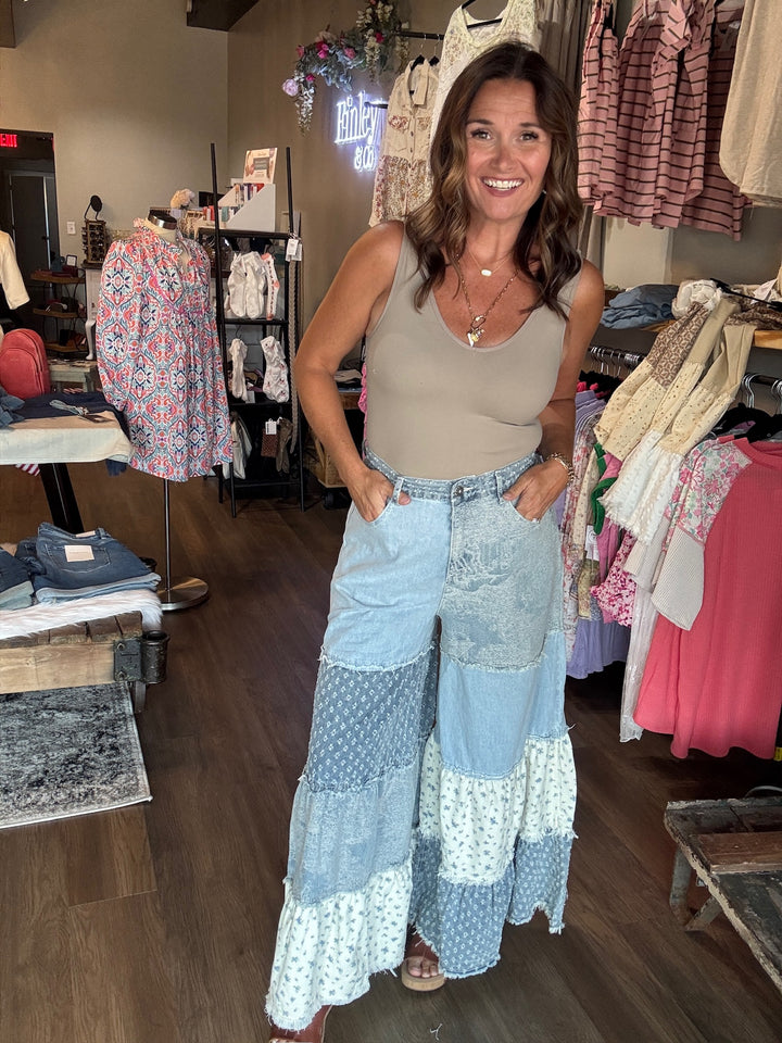 Wide Leg Denim Patchwork Pants