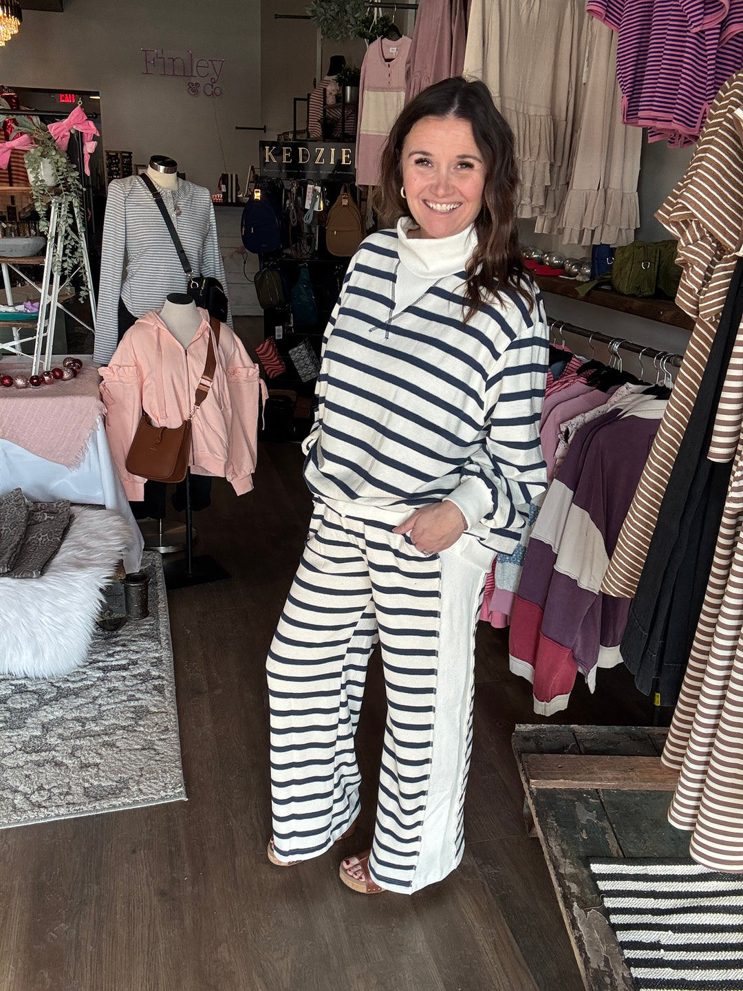 Navy Striped Wide Leg Sweatpants