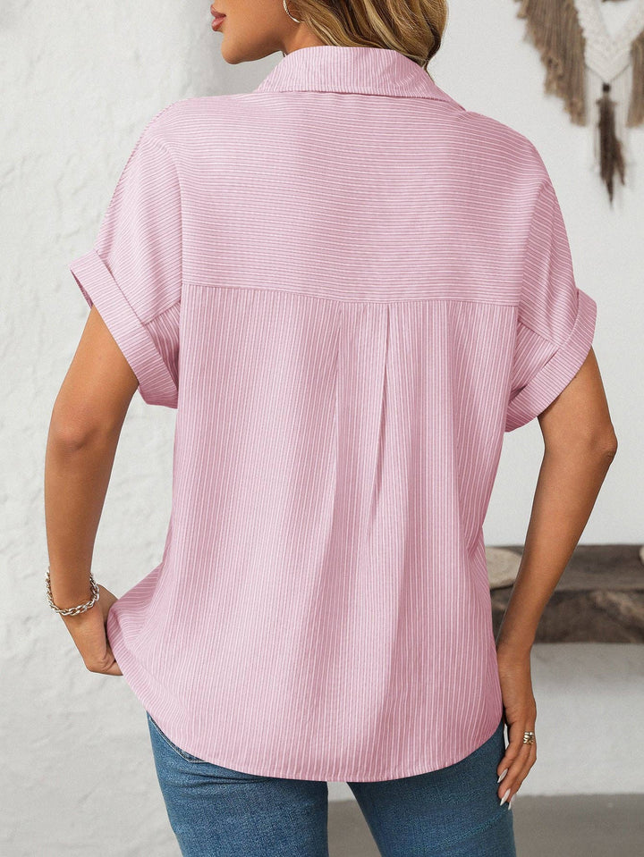 Women's Button Down Short Sleeve Shirt Lapel Striped Casual Shirt