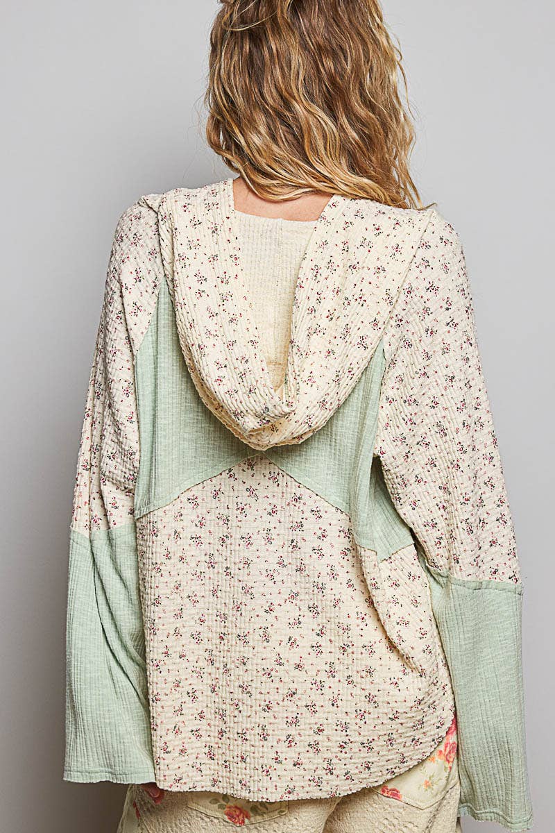 Mixed-Fabric Feminine Look Floral Lace Trim Long Sleeve