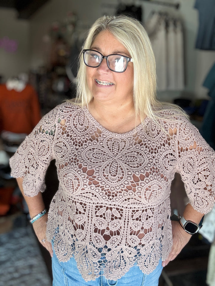 Taupe Crochet Lace Top