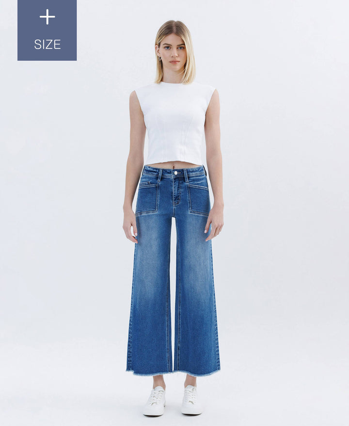 PLUS SIZE HIGH RISE RAW HEM ANKLE WIDE LEG JEANS LV1683-P