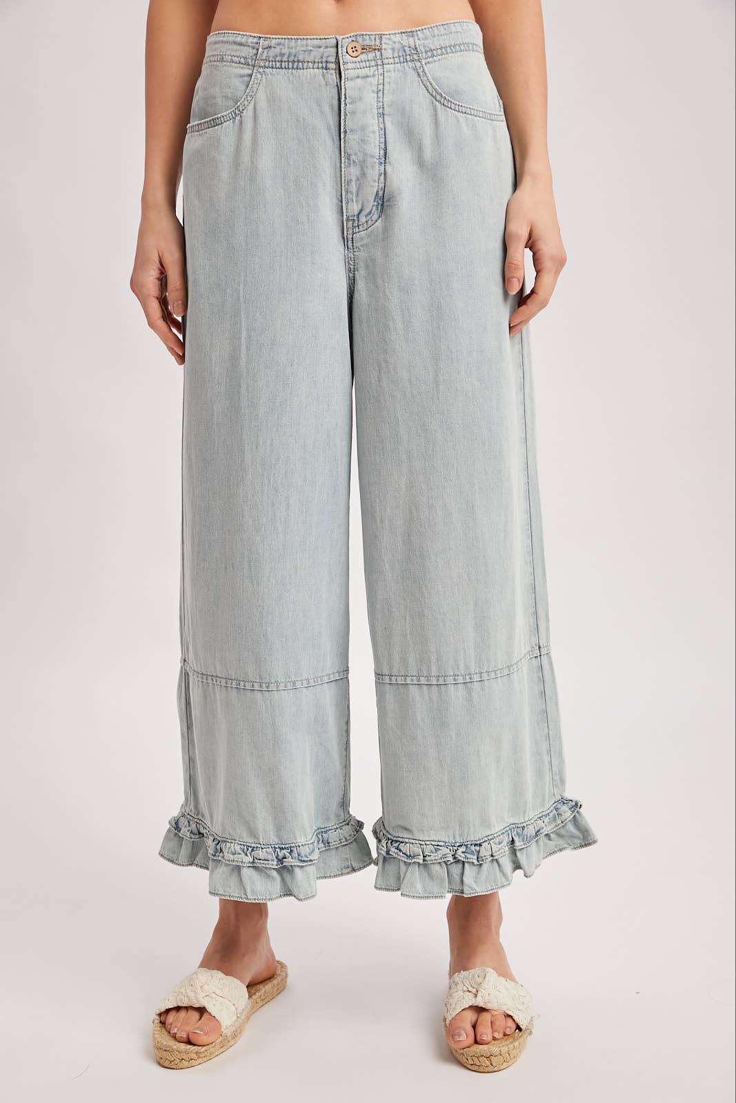 DENIM WIDE-LEG RUFFLED HEM BLOOMER JEANS