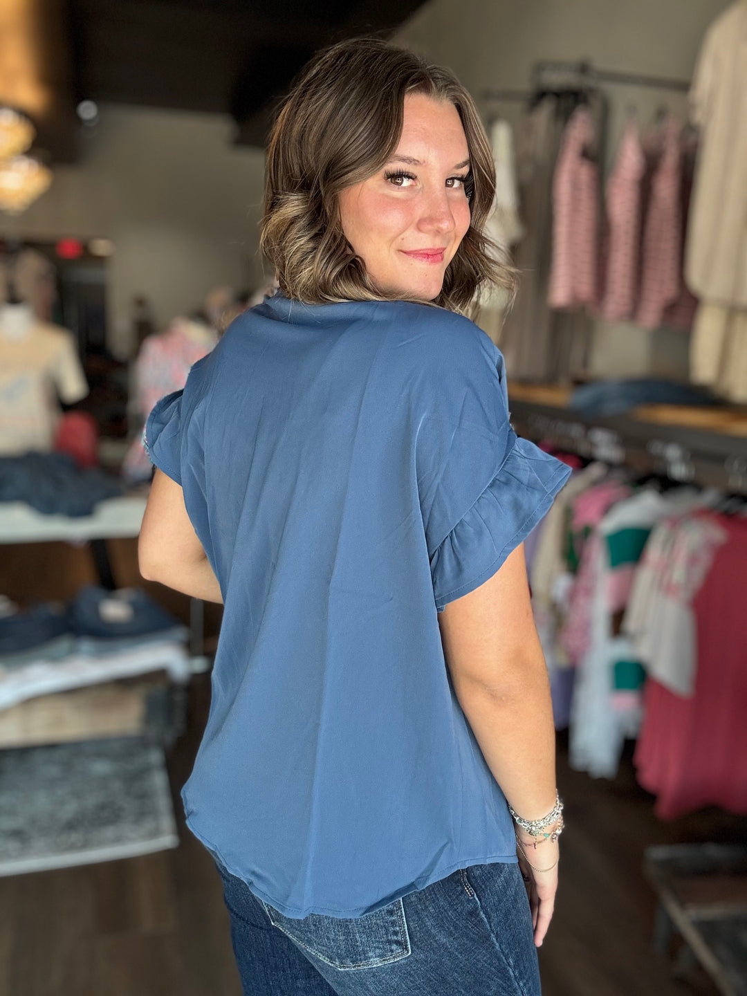 Blue Ruched Button Up Blouse