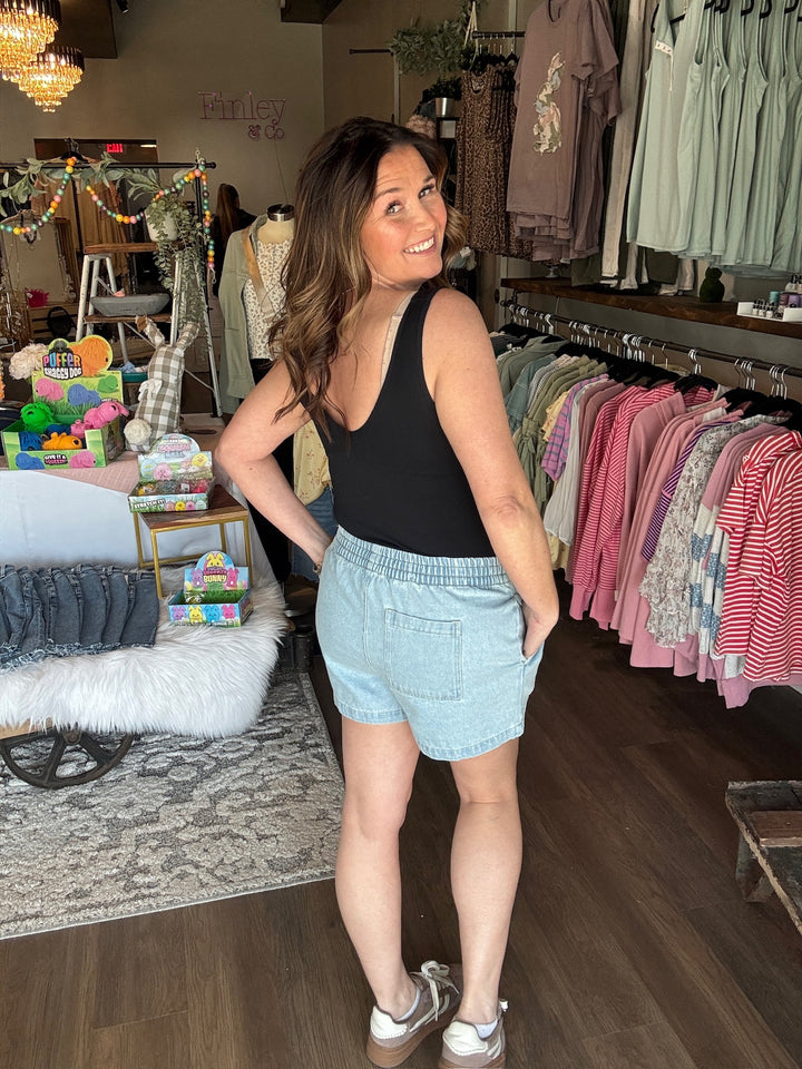 Elastic Waist Mineral Wash Denim Shorts