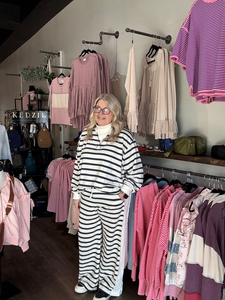 Navy Striped Wide Leg Sweatpants