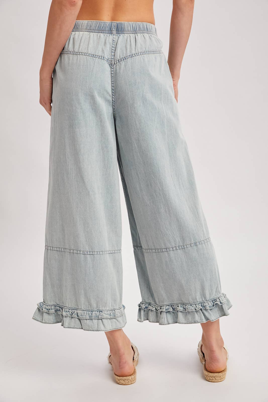 DENIM WIDE-LEG RUFFLED HEM BLOOMER JEANS