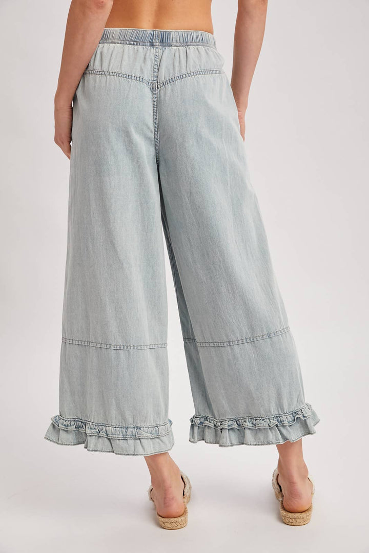 DENIM WIDE-LEG RUFFLED HEM BLOOMER JEANS