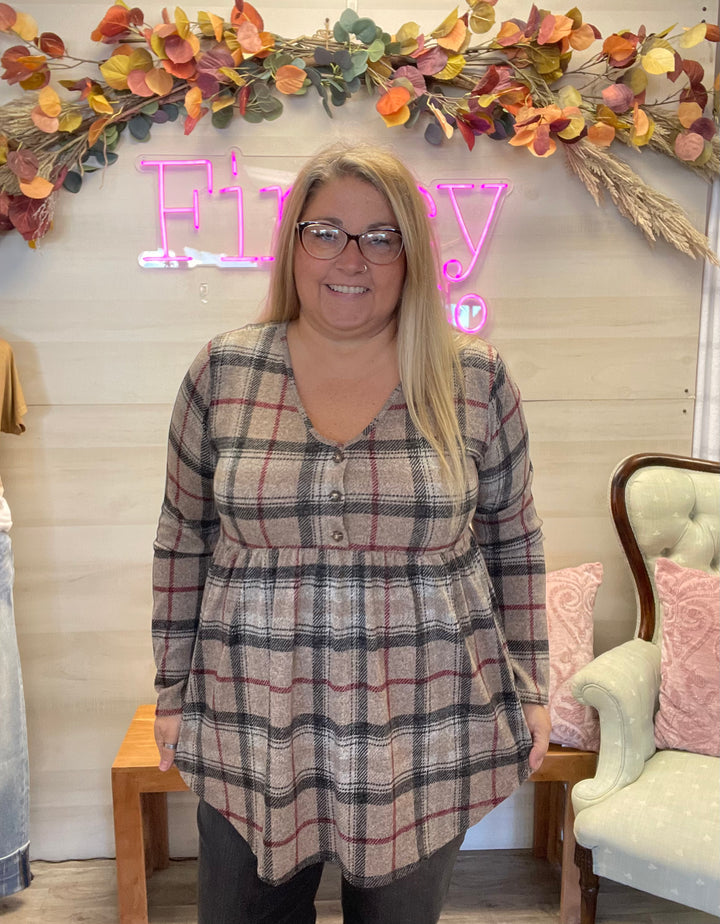 Plaid Babydoll Long Sleeve Top