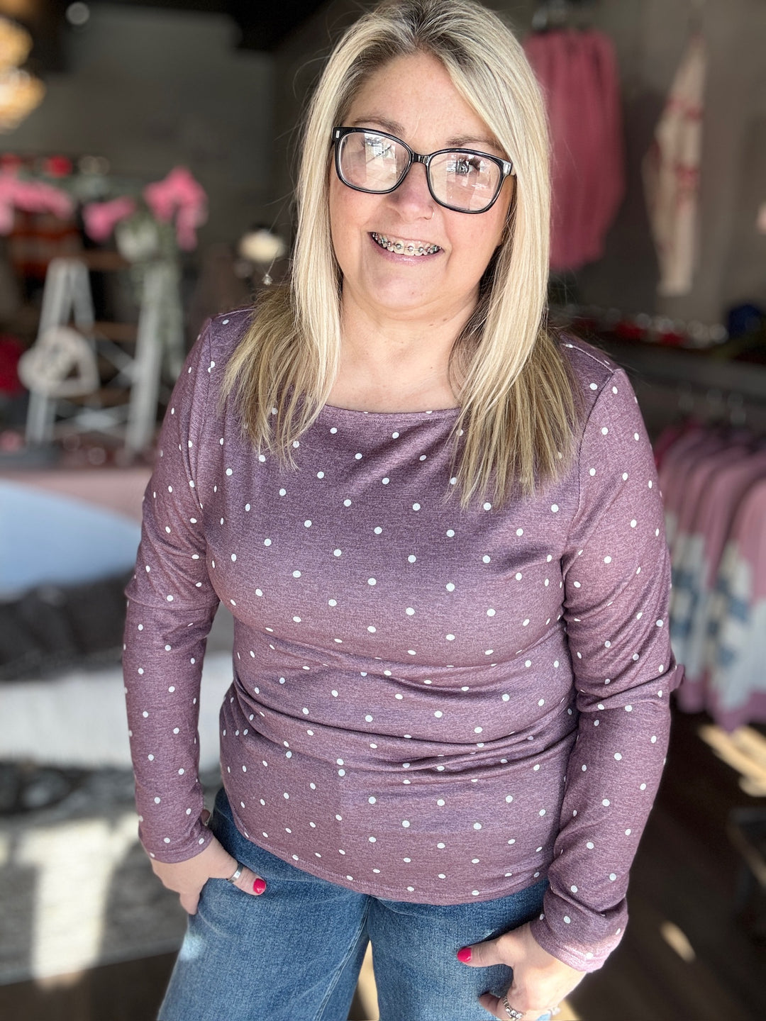 Polka Dot Boat Neck Top