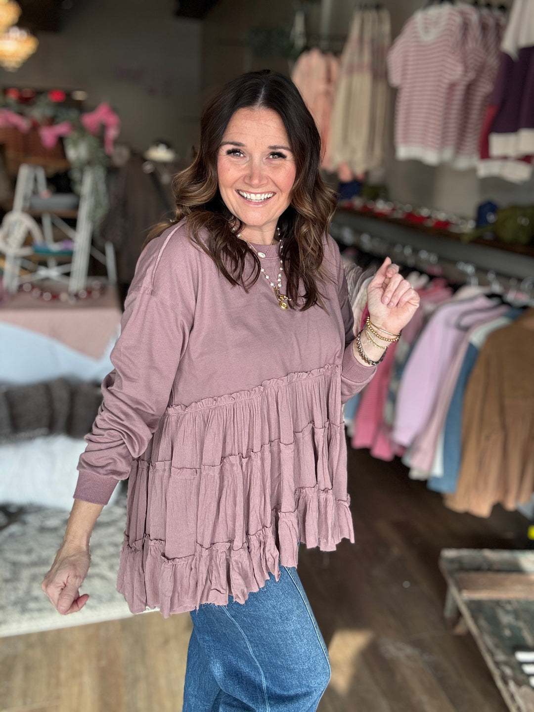 Flirty Mauve Tiered Ruffle Hem Sweatshirt