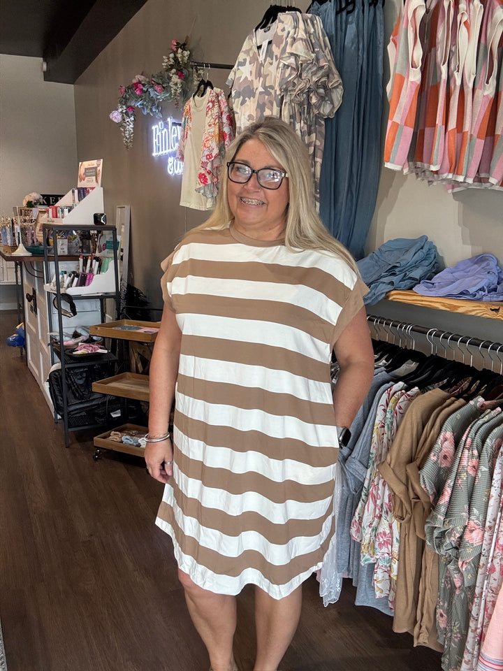 Basic Bae Full Size Striped Round Neck Cap Sleeve Mini Dress