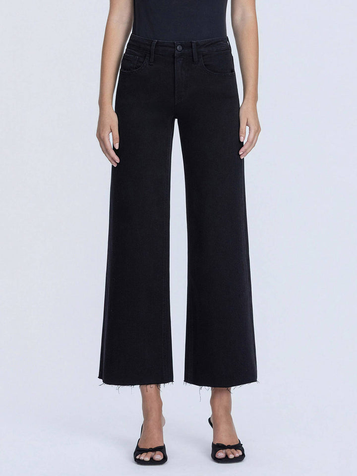 HIGH RISE RAW HEM CROP JET BLACK WIDE LEG JEANS LV1220BK