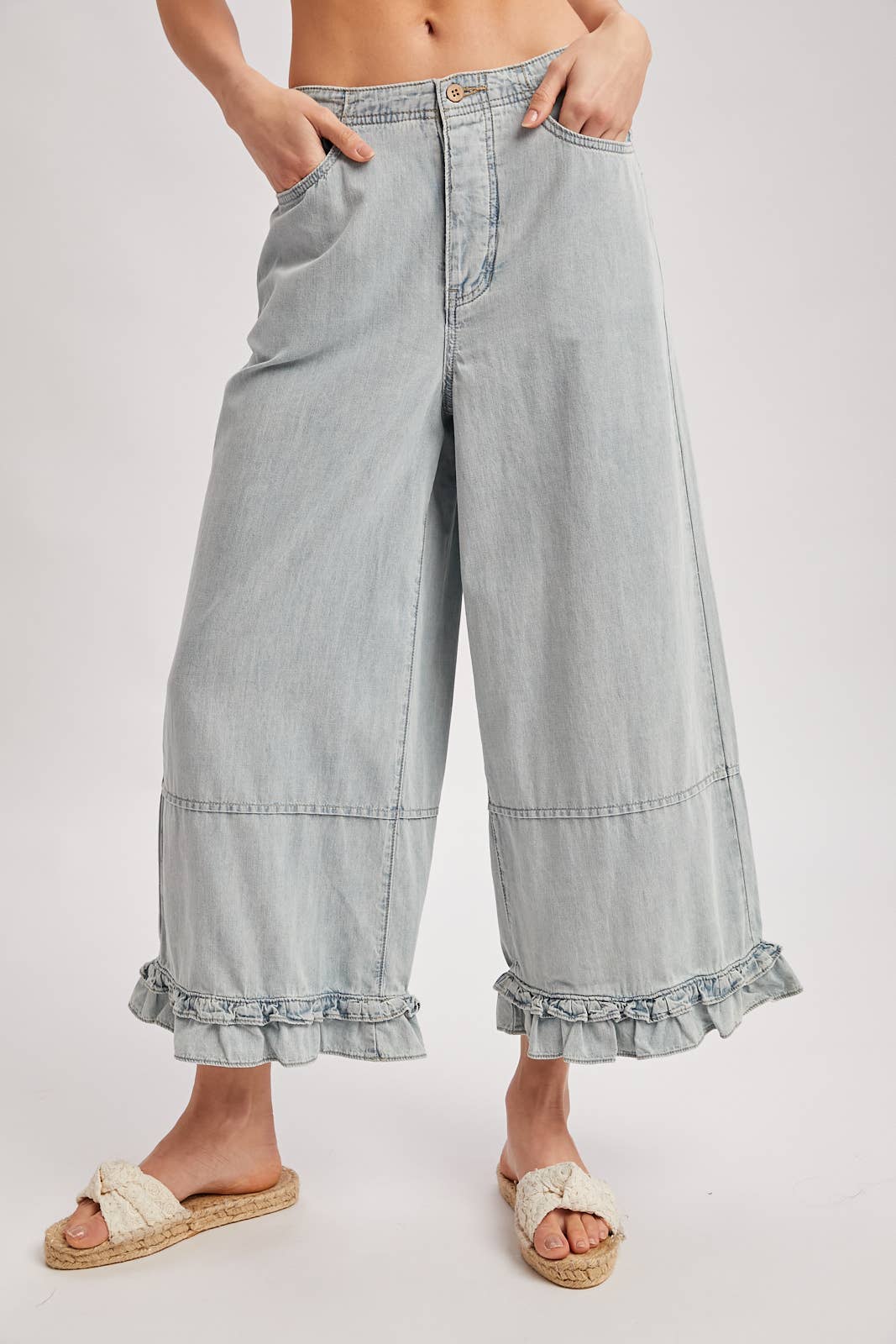 DENIM WIDE-LEG RUFFLED HEM BLOOMER JEANS
