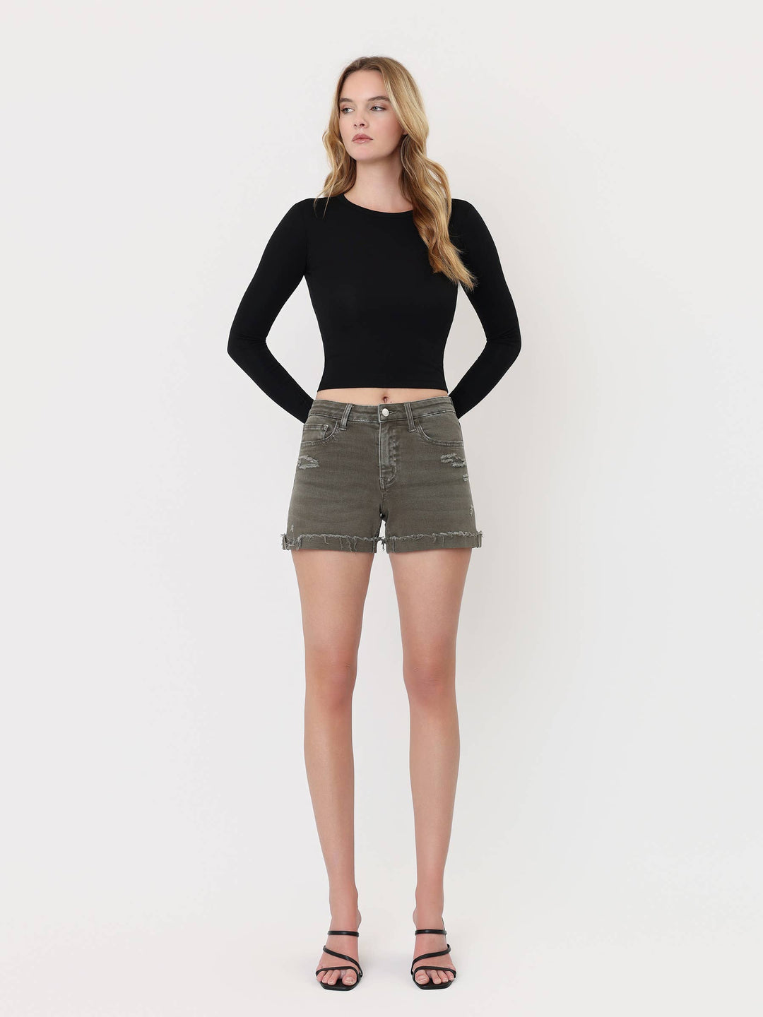 HIGH RISE RAW CUFF OLIVE COLOR REGULAR SHORTS LV1643OLV