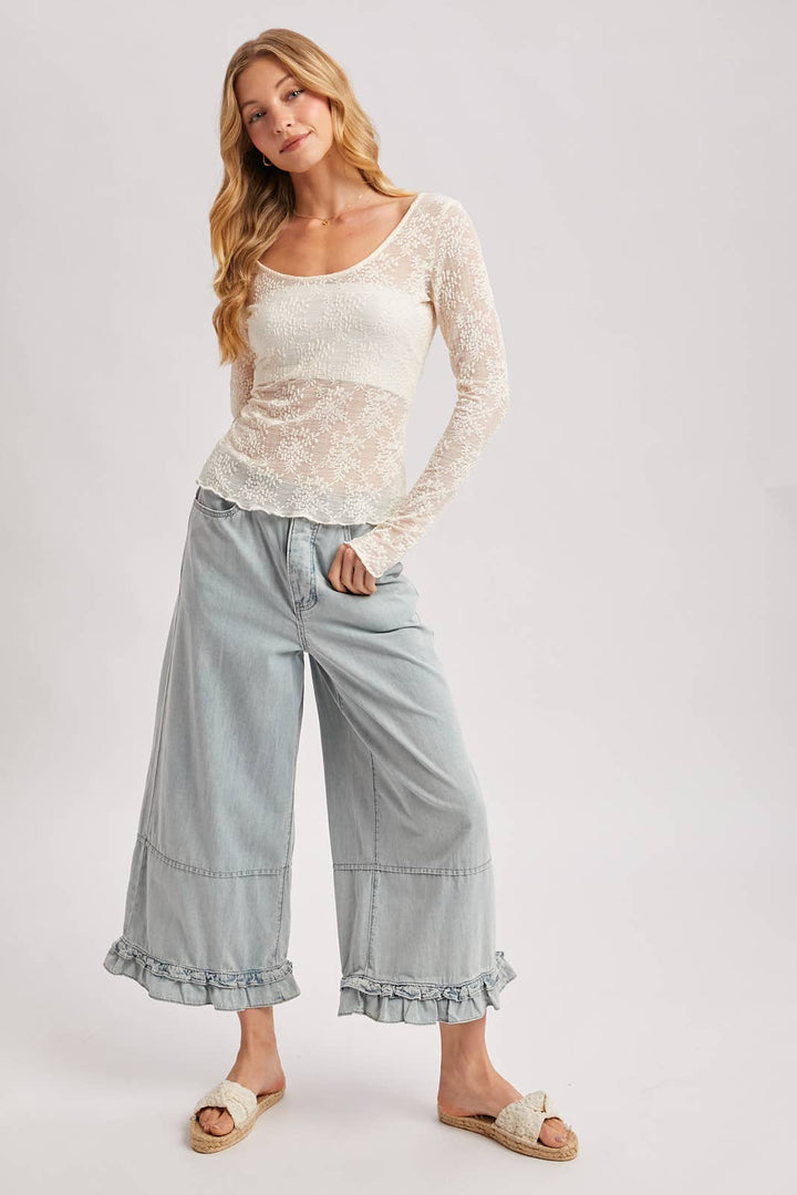 DENIM WIDE-LEG RUFFLED HEM BLOOMER JEANS