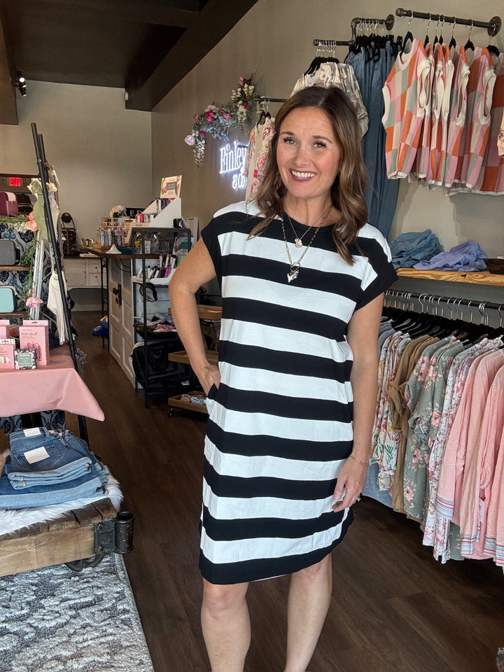 Basic Bae Full Size Striped Round Neck Cap Sleeve Mini Dress