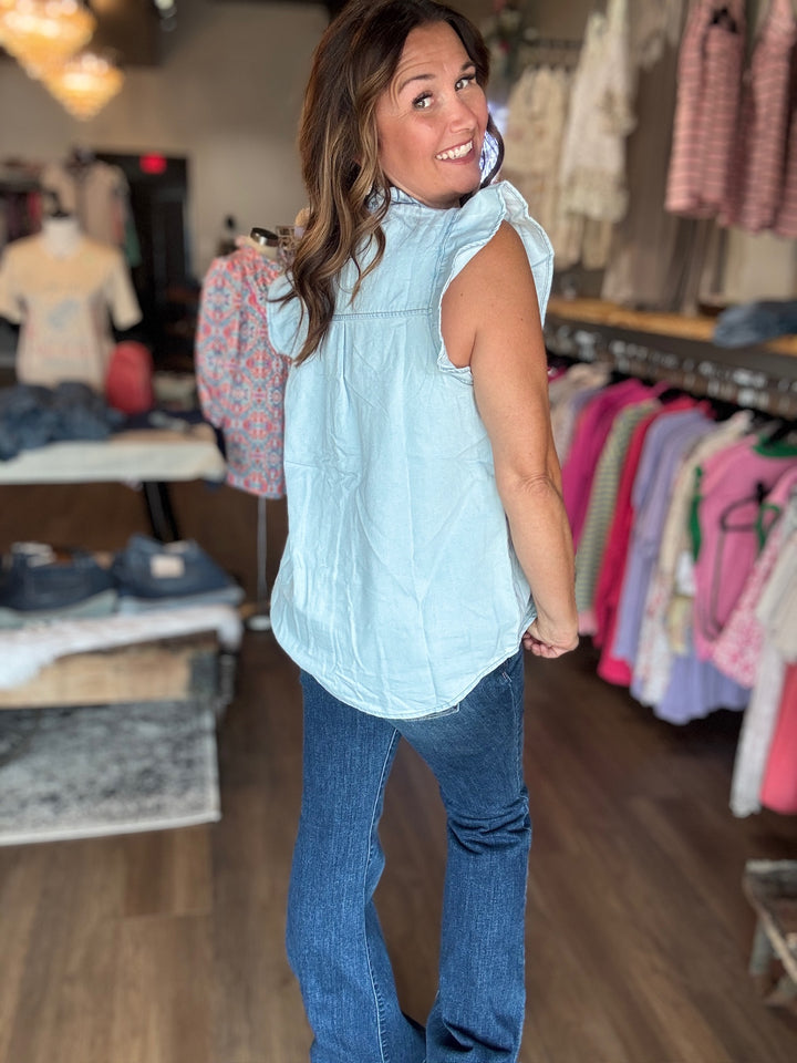 Mineral Washed Denim Button Up Top