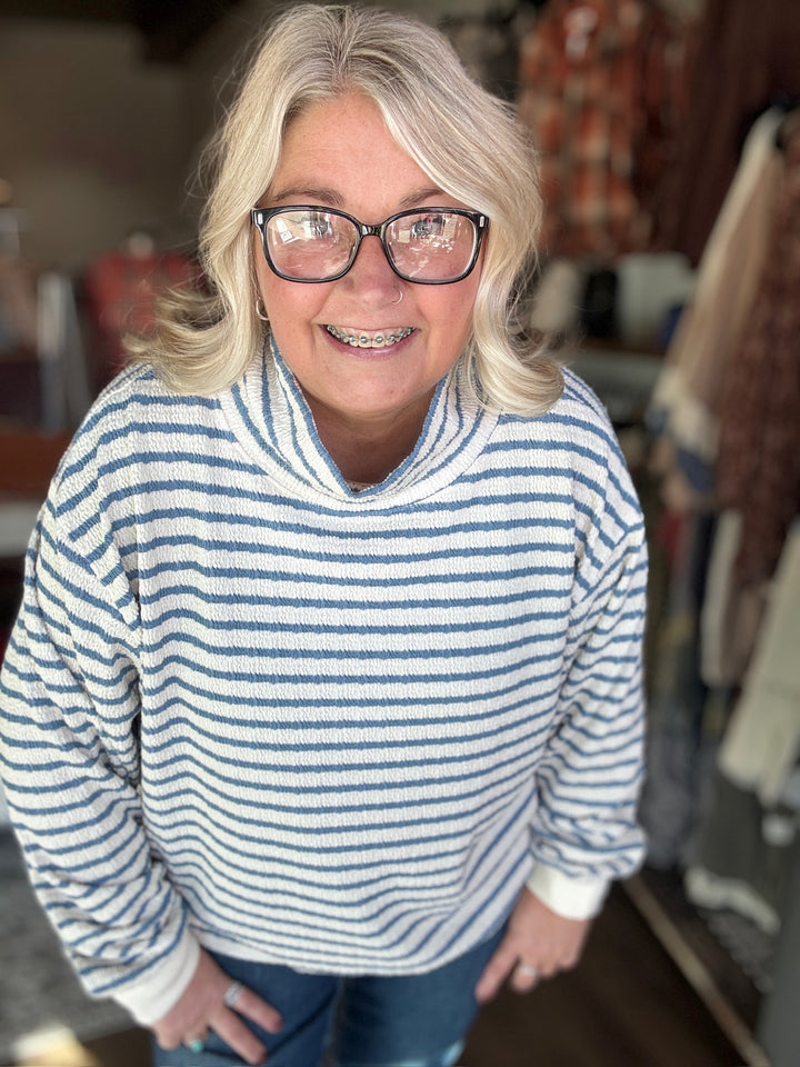 Mock Neck Blue Striped Sweatshirt