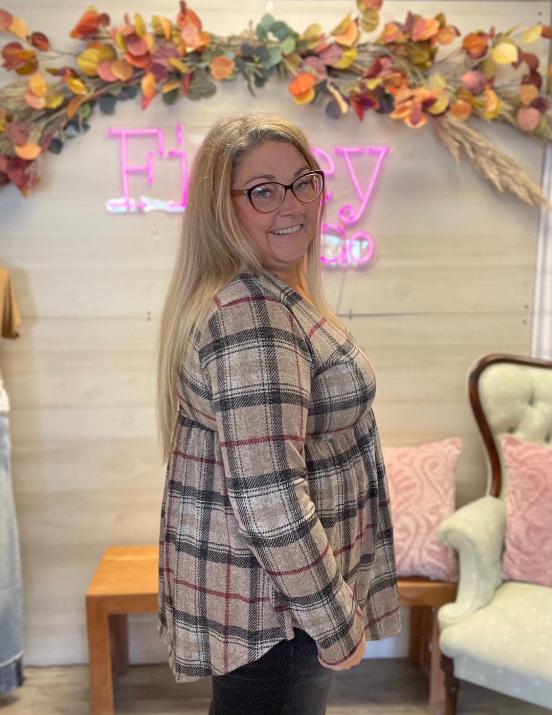Plaid Babydoll Long Sleeve Top