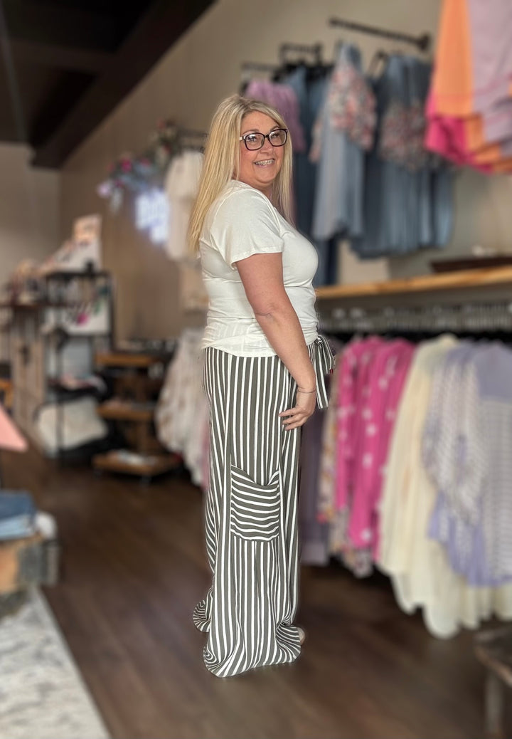 Olive Stripe Wide Leg Pants