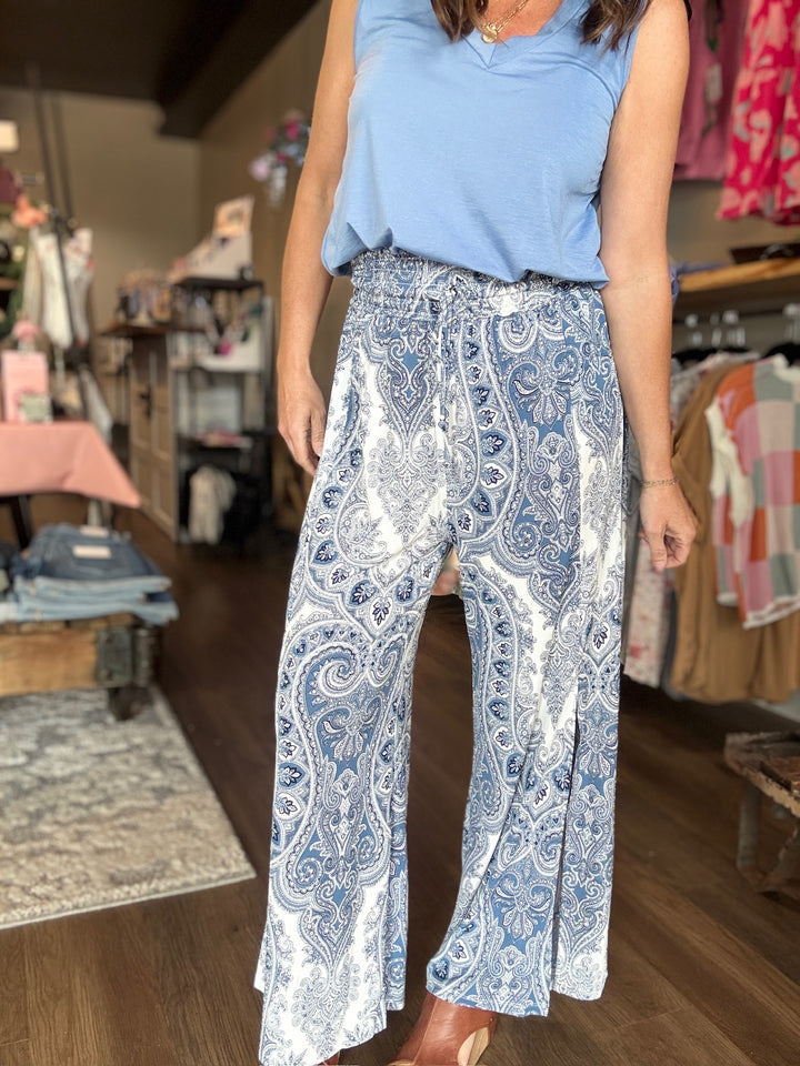 Printed Side Slit Wide Leg Pants