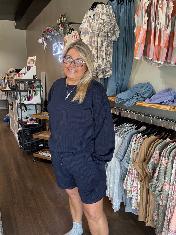 Double Take Full Size Texture Long Sleeve Top and Drawstring Shorts Set