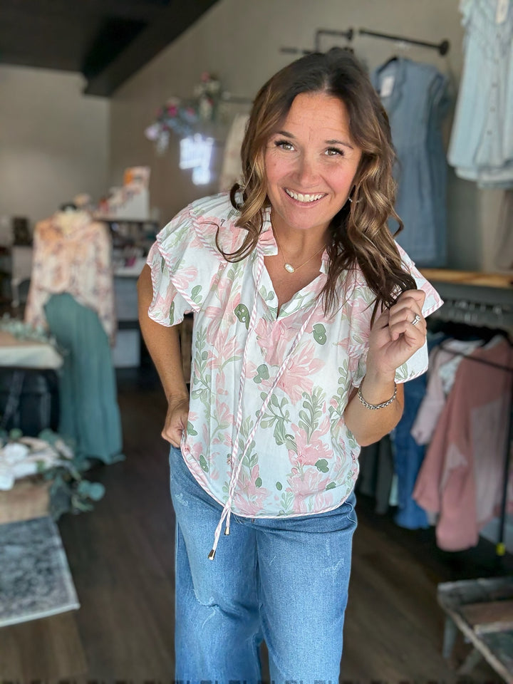 Pink Floral Striped Contrast Blouse