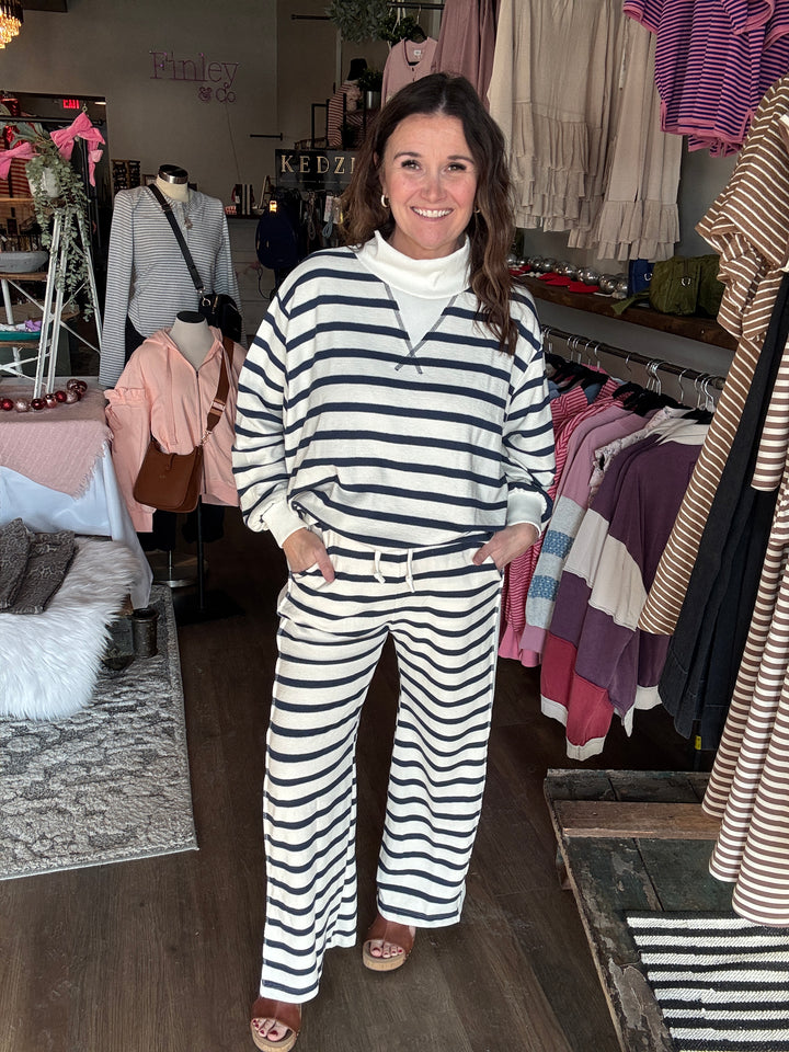 Navy Striped Wide Leg Sweatpants