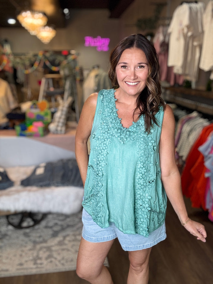 Spring Emerald Floral Lace Tank