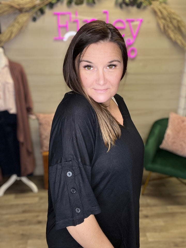 Black V Neck Exposed Seam Top