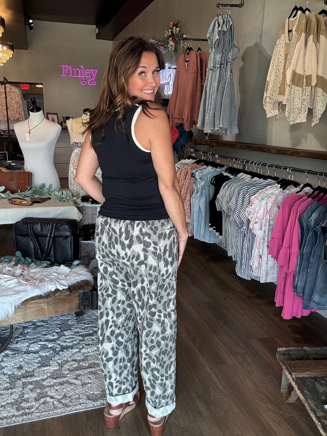 Leopard Print Denim Straight Pants