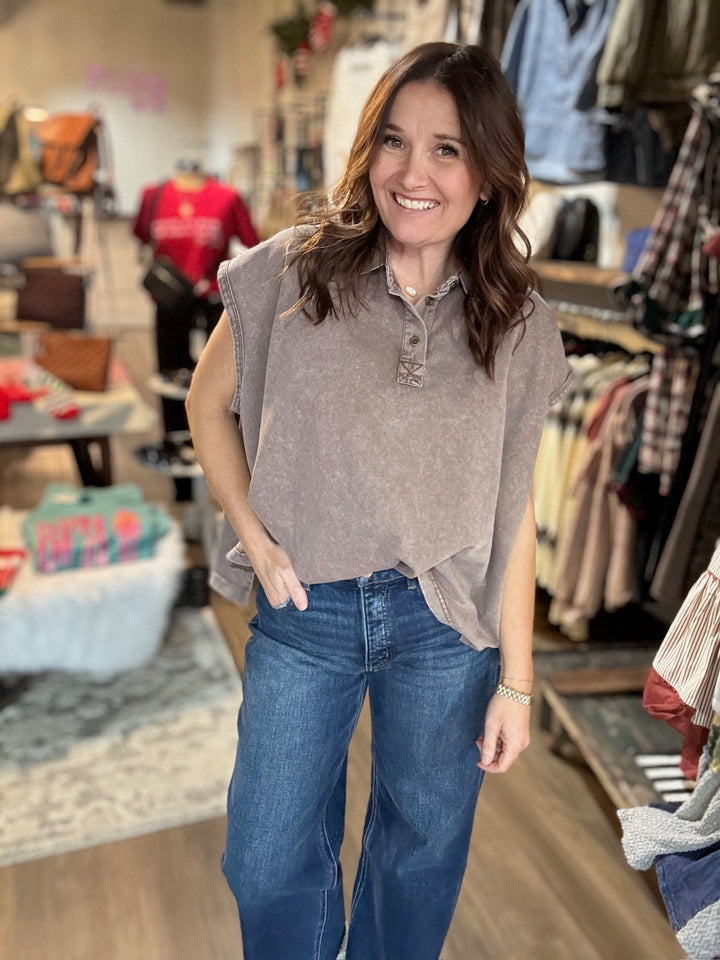 Washed Brown Sleeveless Tee