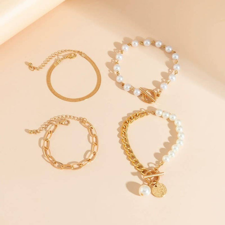 MULTILAYER PEARL CHAIN HERRINGBONE MIX BRACELET