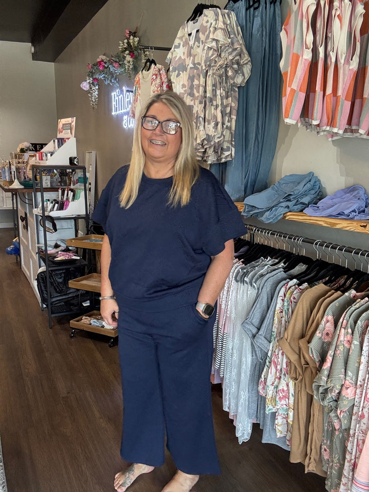 Double Take Full Size Texture Short Sleeve Top and Pants Set
