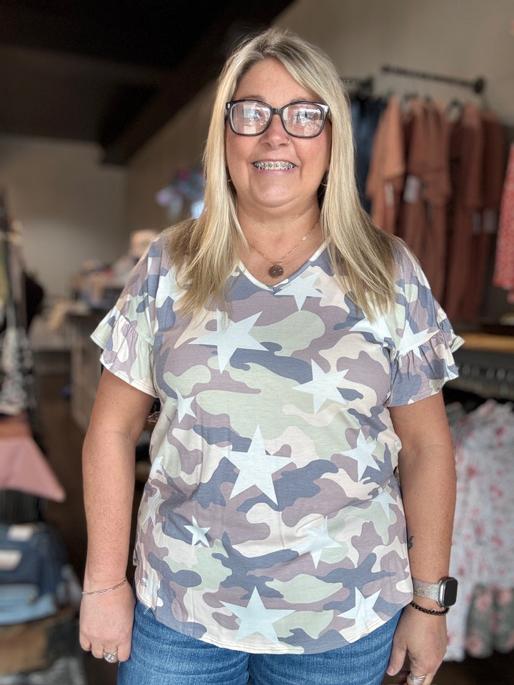 Camo Ruffle Sleeve Tee