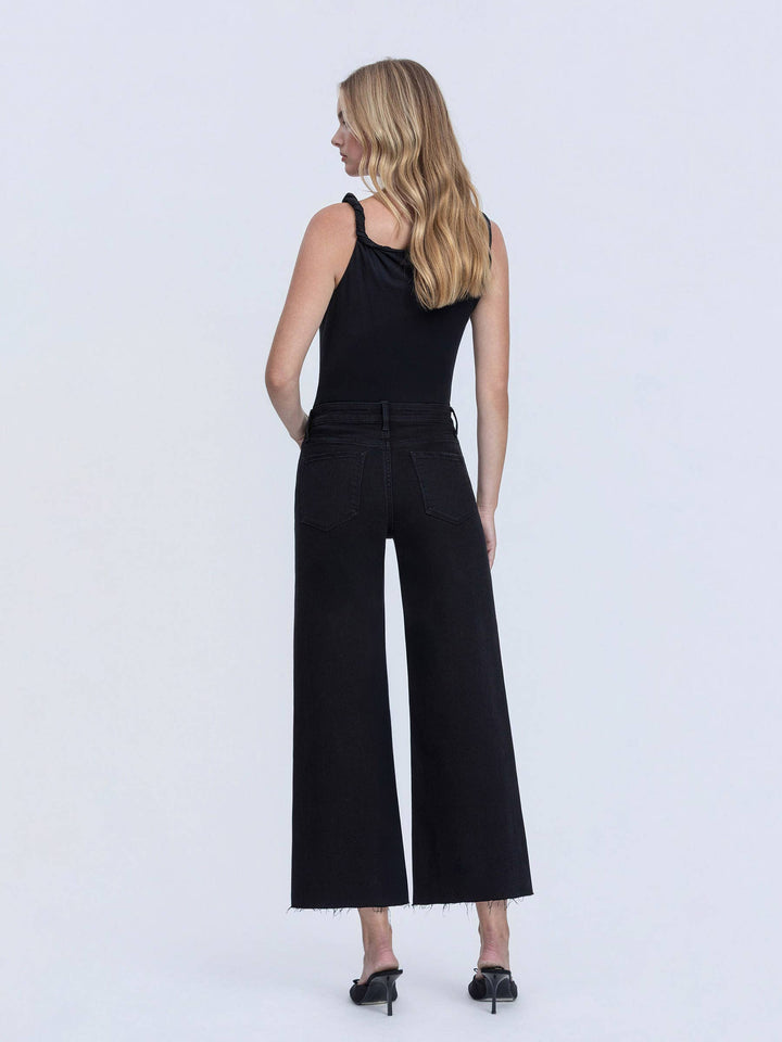 HIGH RISE RAW HEM CROP JET BLACK WIDE LEG JEANS LV1220BK
