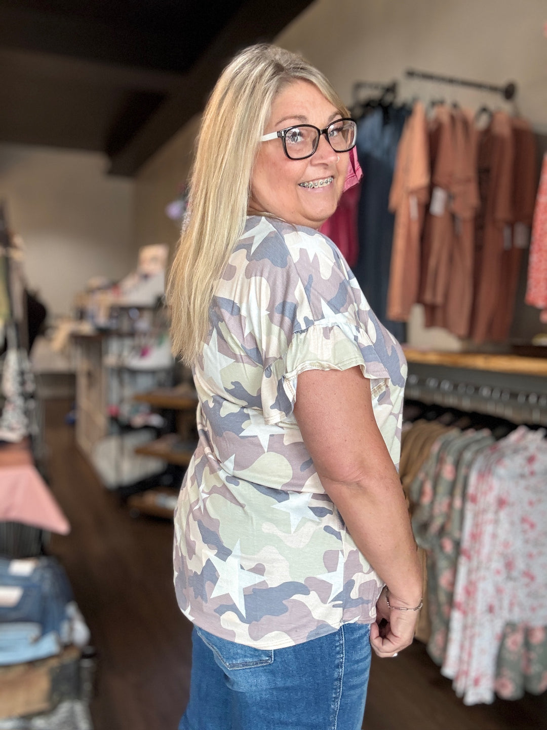 Camo Ruffle Sleeve Tee