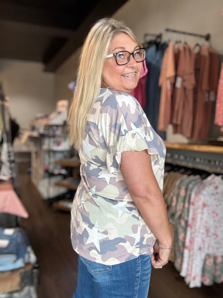 Camo Ruffle Sleeve Tee
