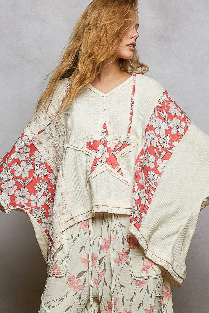 Long Sleeve Lace Contrast Floral Star Patch Knit Top SALE