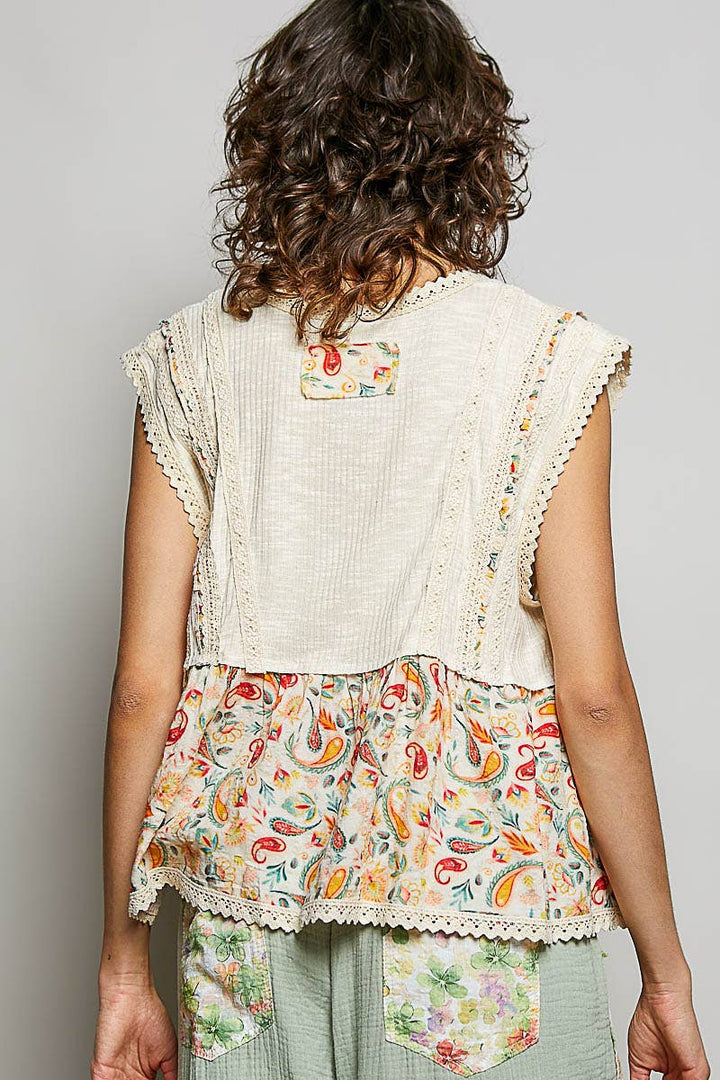 V-neck Floral Pattern Trim Ruffle Rib Knitted Sleeveless Top