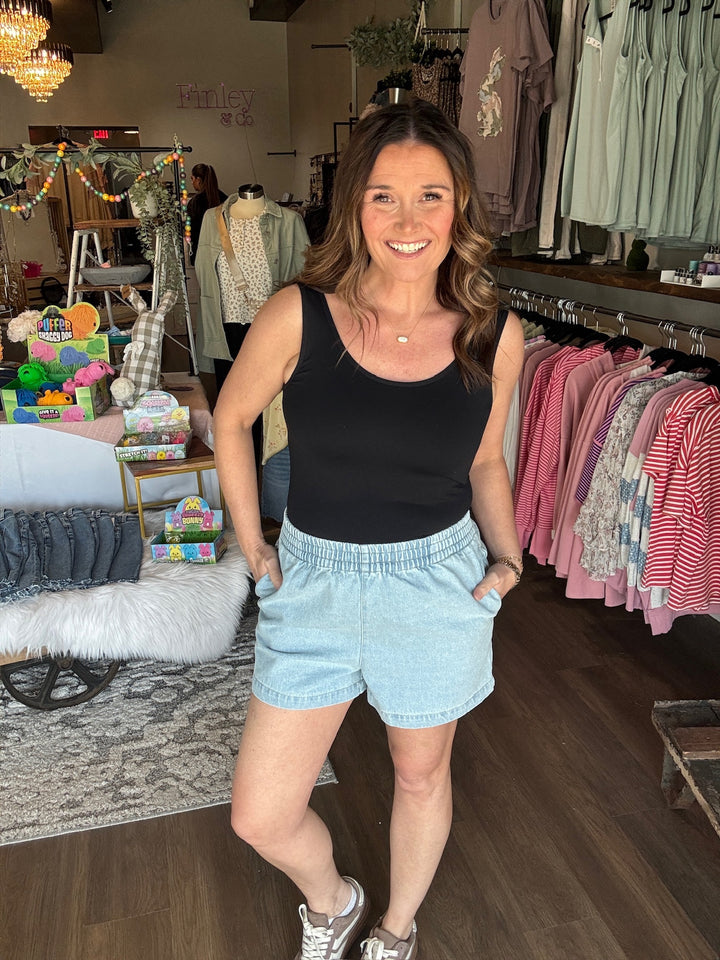 Elastic Waist Mineral Wash Denim Shorts