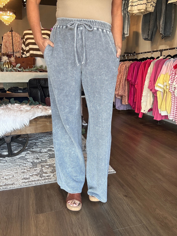 Blue Washed Ribbed Lounge Pants