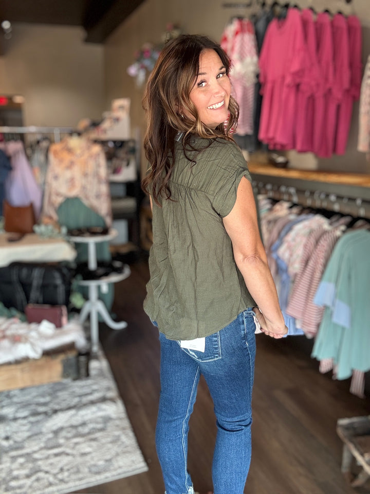 Olive Eyelet Trim Top