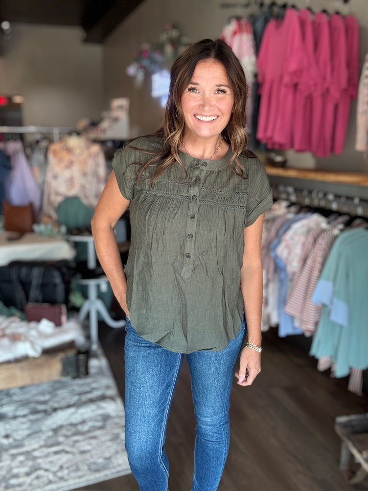 Olive Eyelet Trim Top